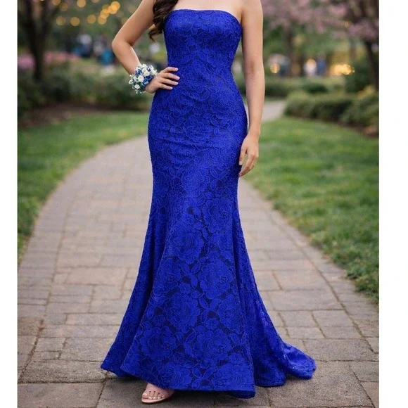 La Femme Lace Mermaid Gown Womens 10 Royal Blue Rhinestone Strapless Prom Dress - Picture 1 of 10